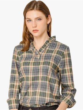 Allegra K Plaid Notch-Neck Top in Blue, Green & Cream